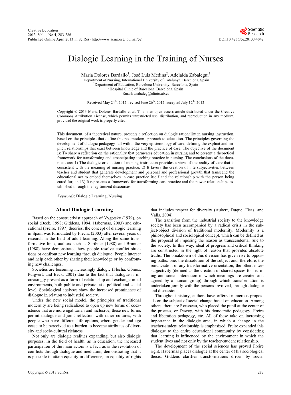 Dialogic Learning in the Training of Nurses