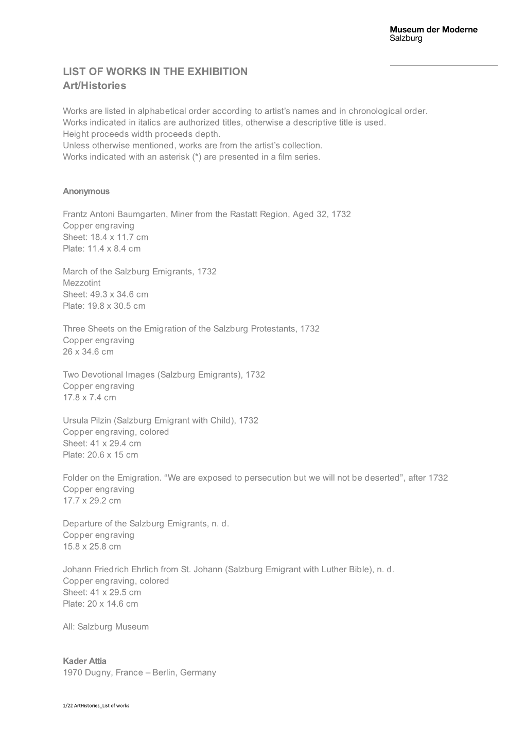 LIST of WORKS in the EXHIBITION Art/Histories