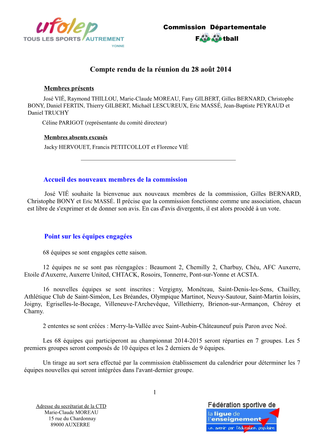Compte Rendu De La Réunion Du 28 Août 2014