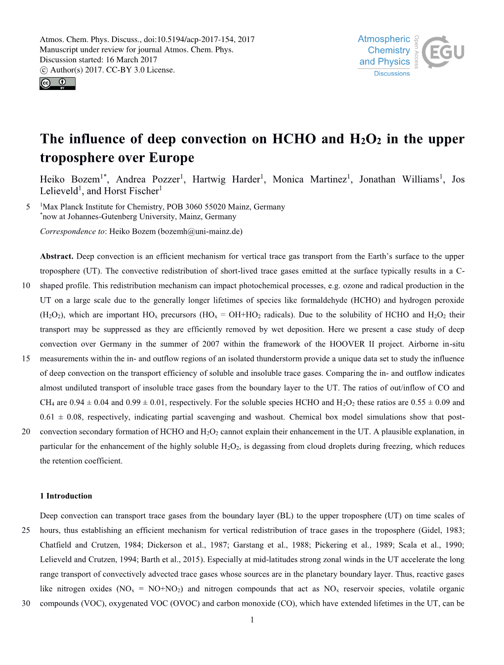 The Influence of Deep Convection on HCHO and H2O2 in the Upper