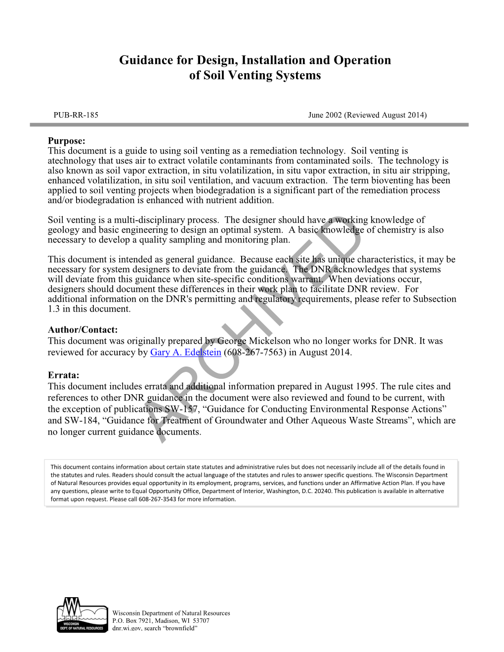 Guidance for Design, Installation and Operation of Soil Venting Systems