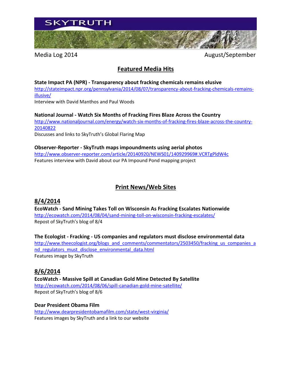 Media Log 2014 August/September Featured Media Hits Print News