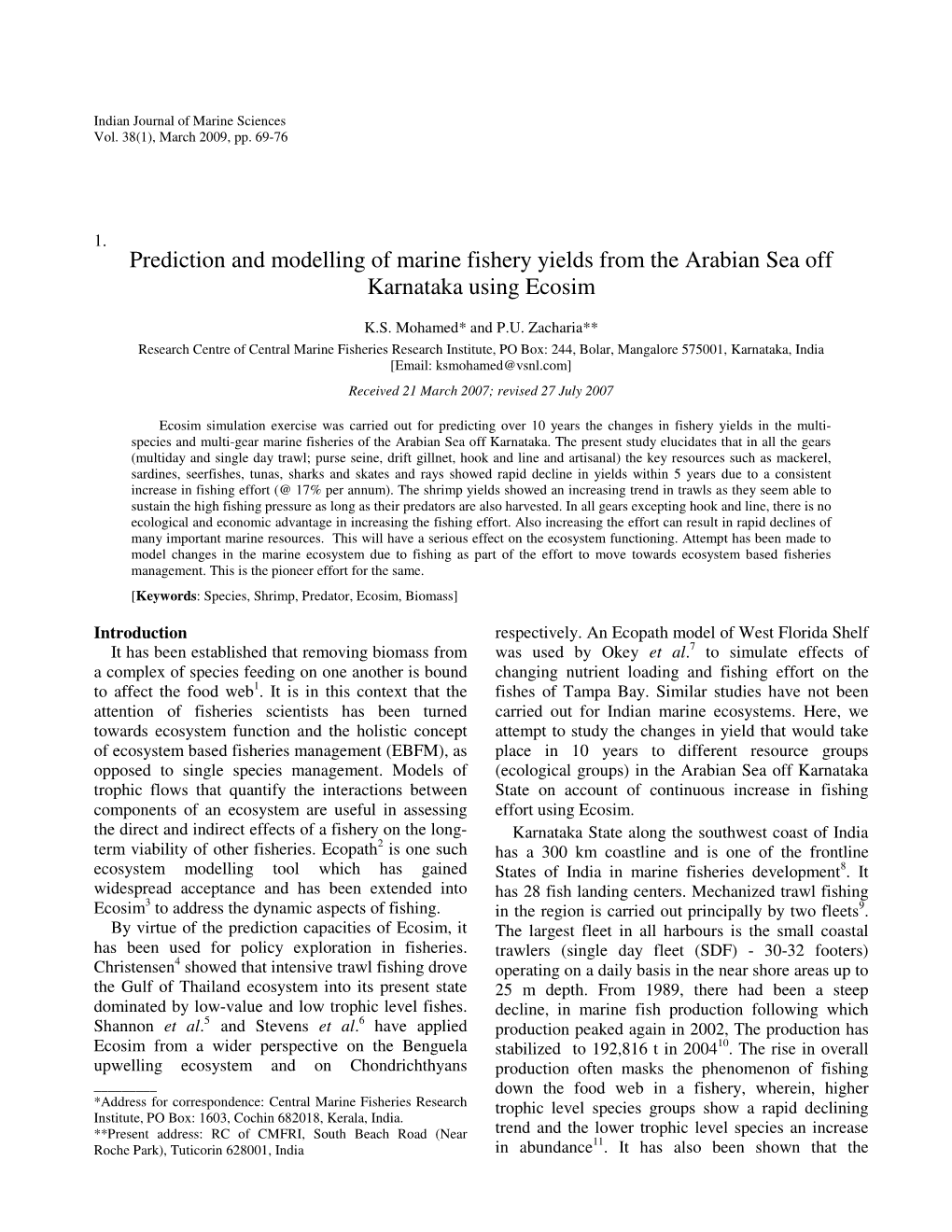 Prediction and Modelling of Marine Fishery Yields from the Arabian Sea Off Karnataka Using Ecosim