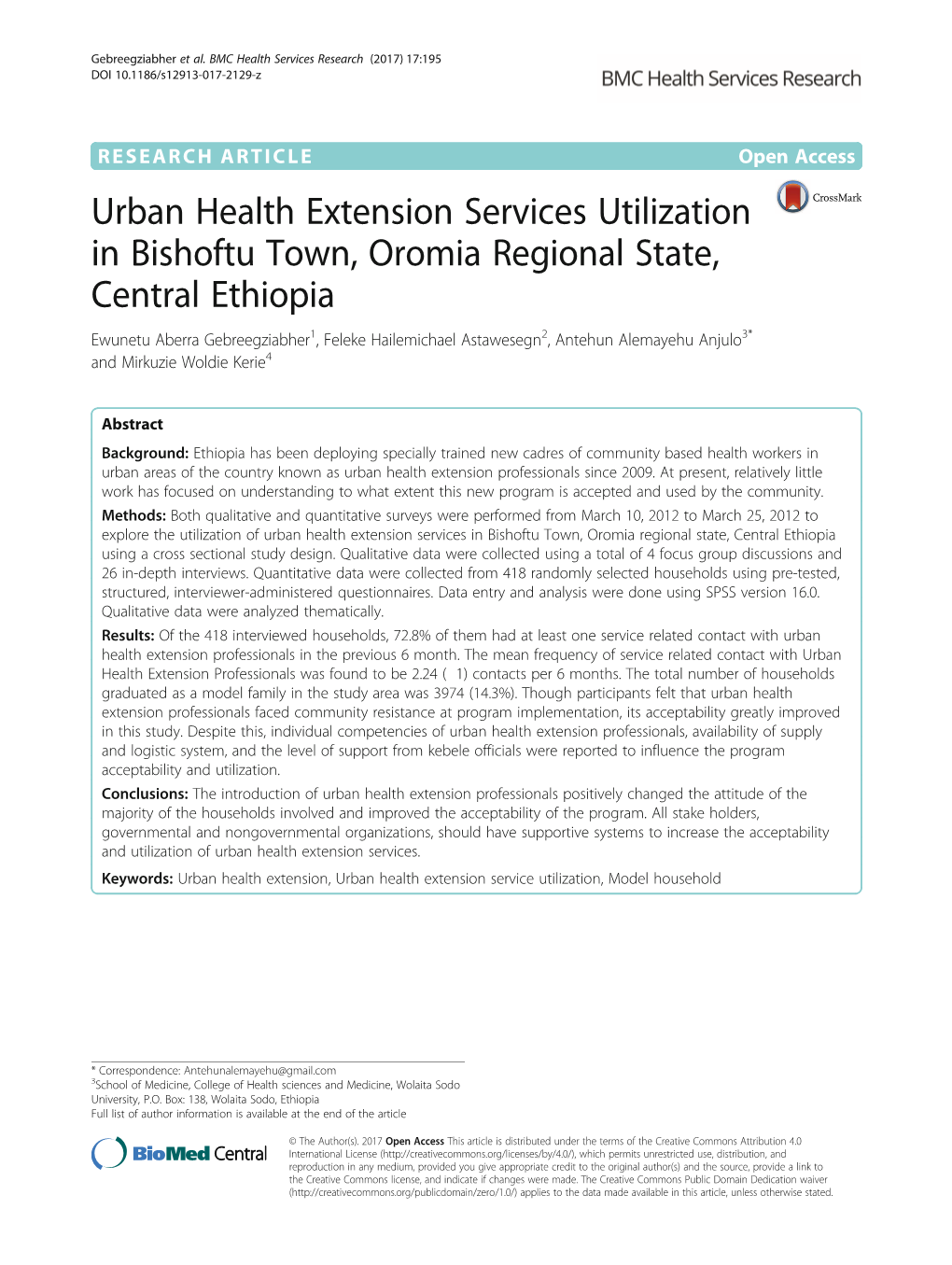 Urban Health Extension Services Utilization in Bishoftu Town, Oromia