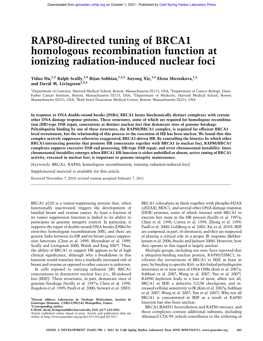 RAP80-Directed Tuning of BRCA1 Homologous Recombination Function at Ionizing Radiation-Induced Nuclear Foci