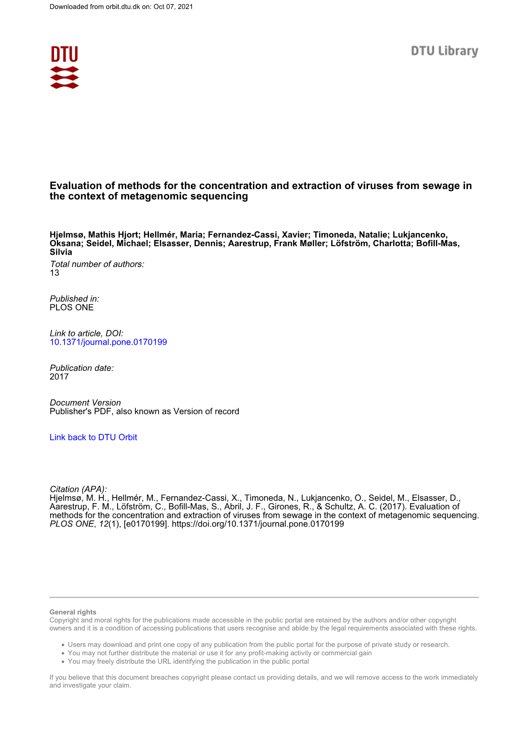 Evaluation of Methods for the Concentration and Extraction of Viruses from Sewage in the Context of Metagenomic Sequencing