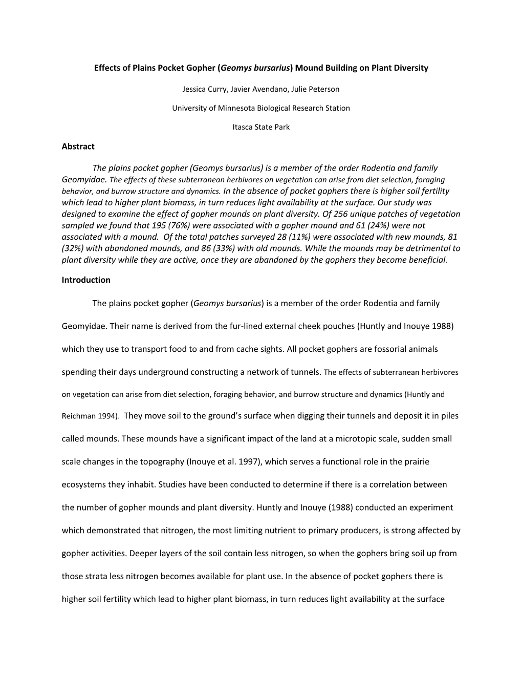 Effects of Plains Pocket Gopher (Geomys Bursarius) Mound Building on Plant Diversity