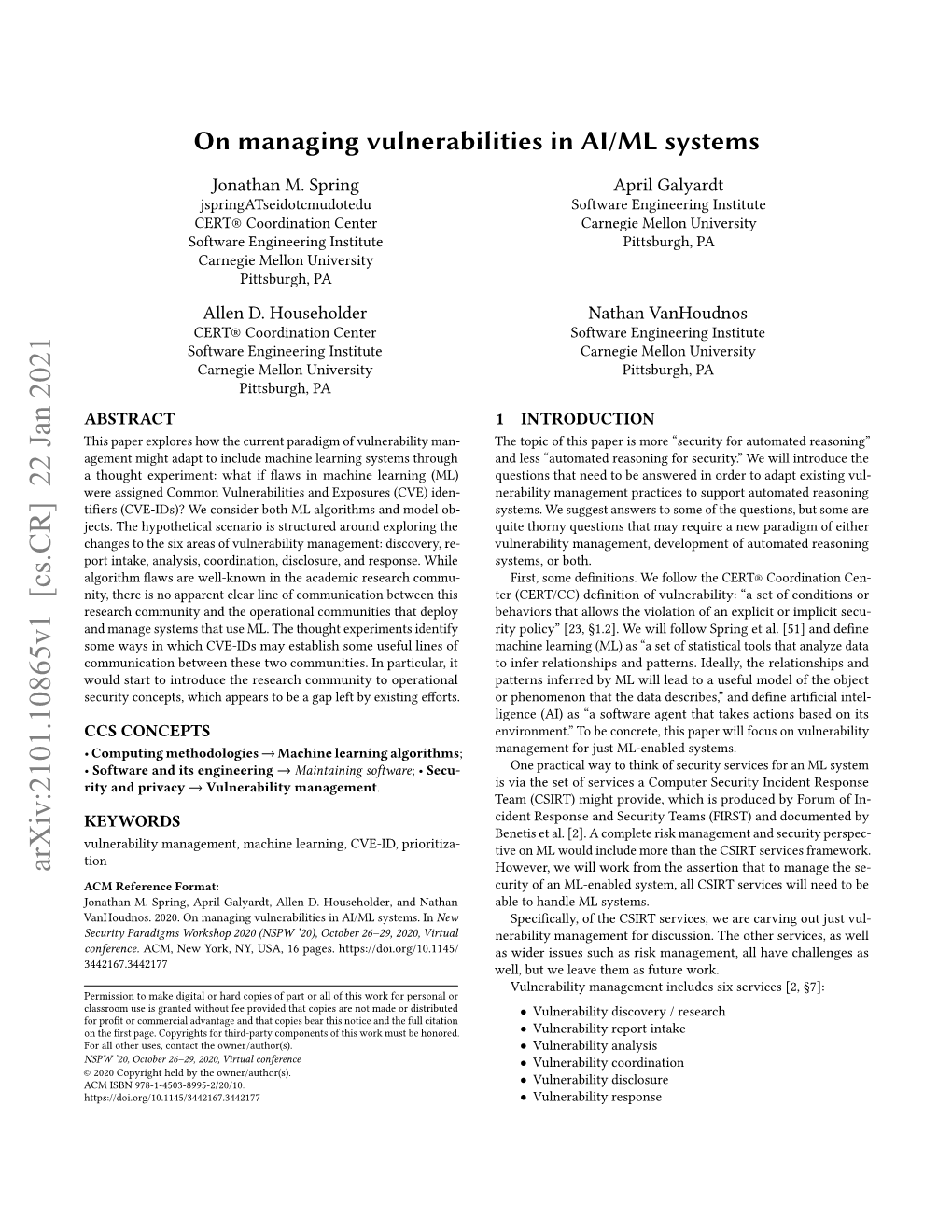 On Managing Vulnerabilities in AI/ML Systems