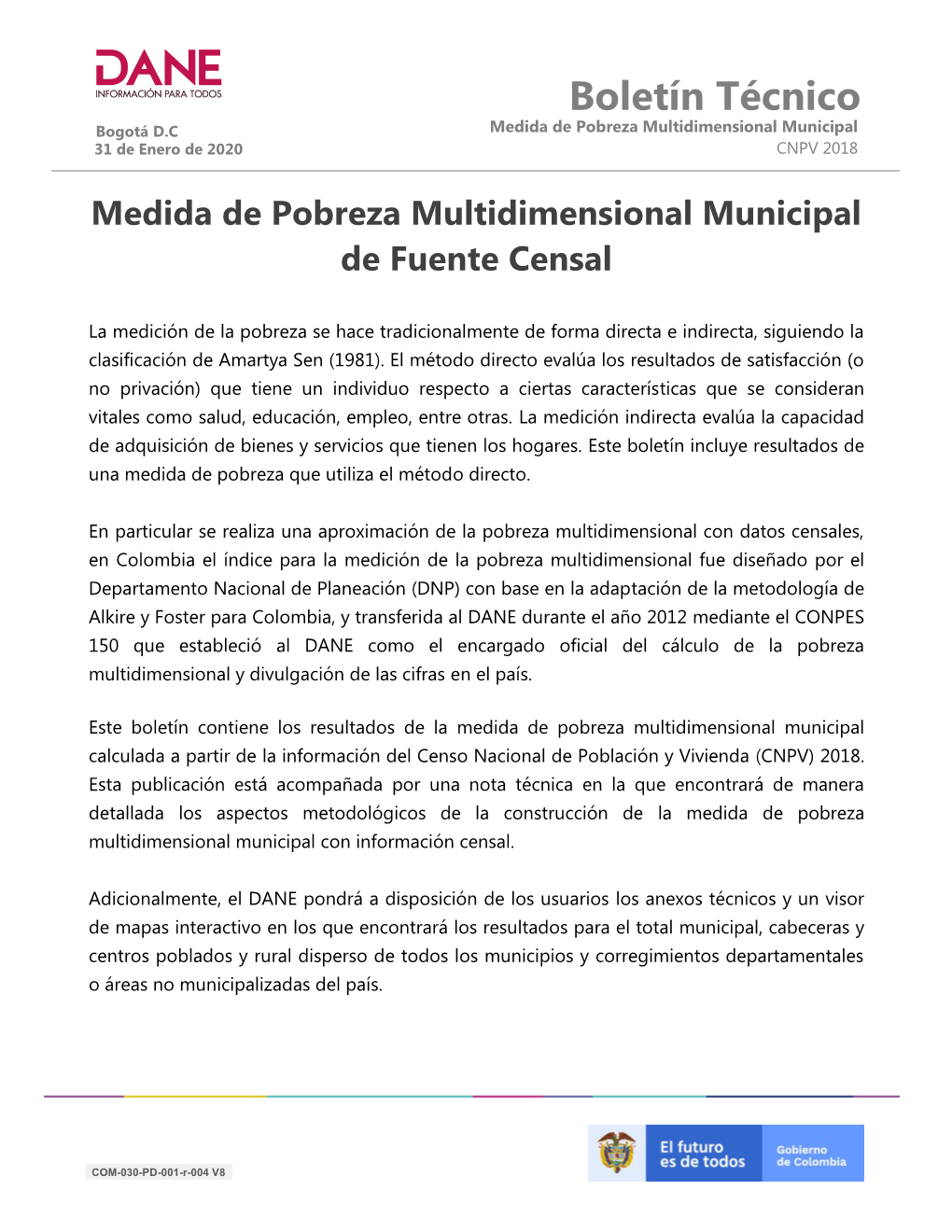 Boletín Técnico Bogotá D.C Medida De Pobreza Multidimensional Municipal 31 De Enero De 2020 CNPV 2018