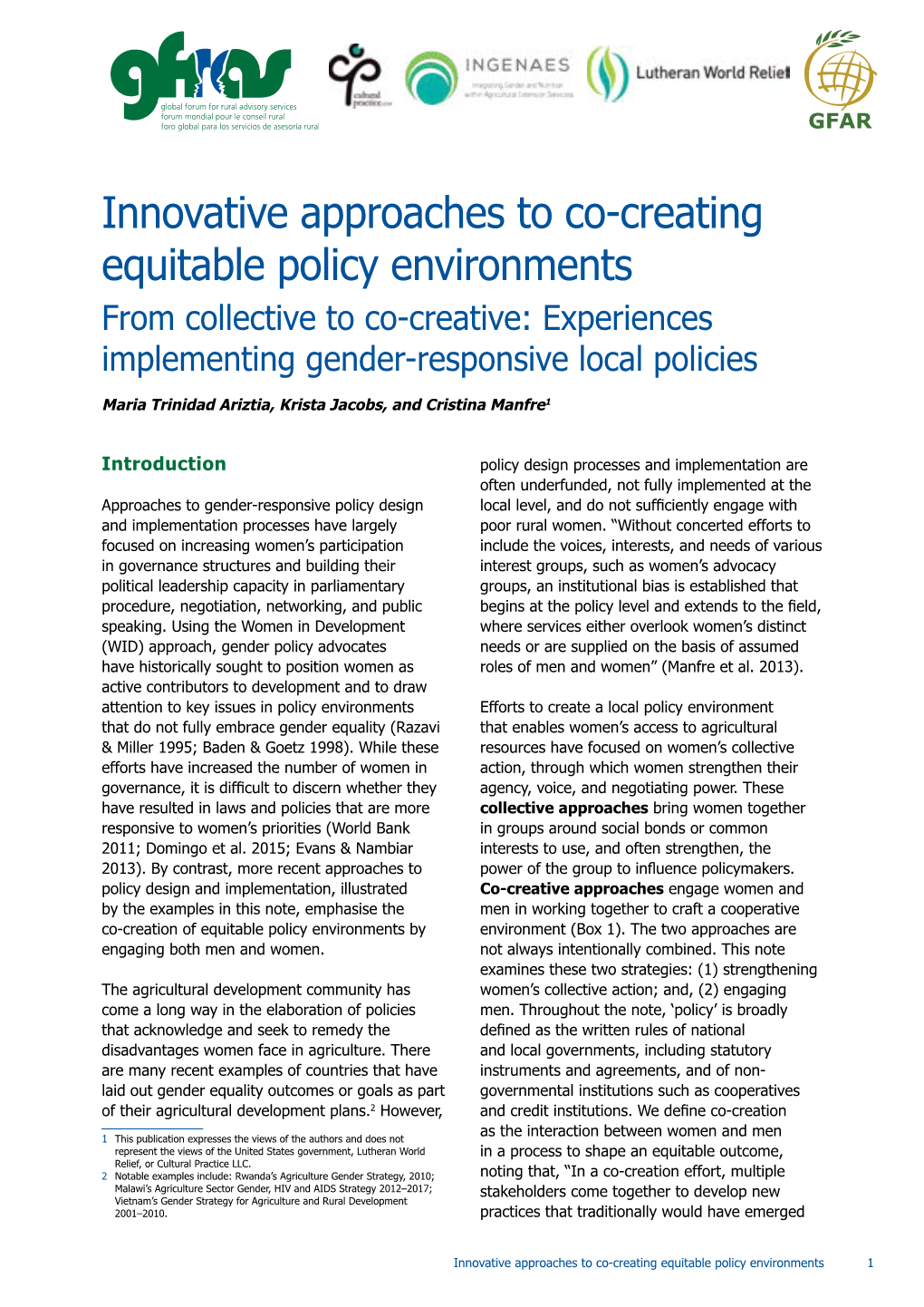 Innovative Approaches to Co-Creating Equitable Policy Environments from Collective to Co-Creative: Experiences Implementing Gender-Responsive Local Policies