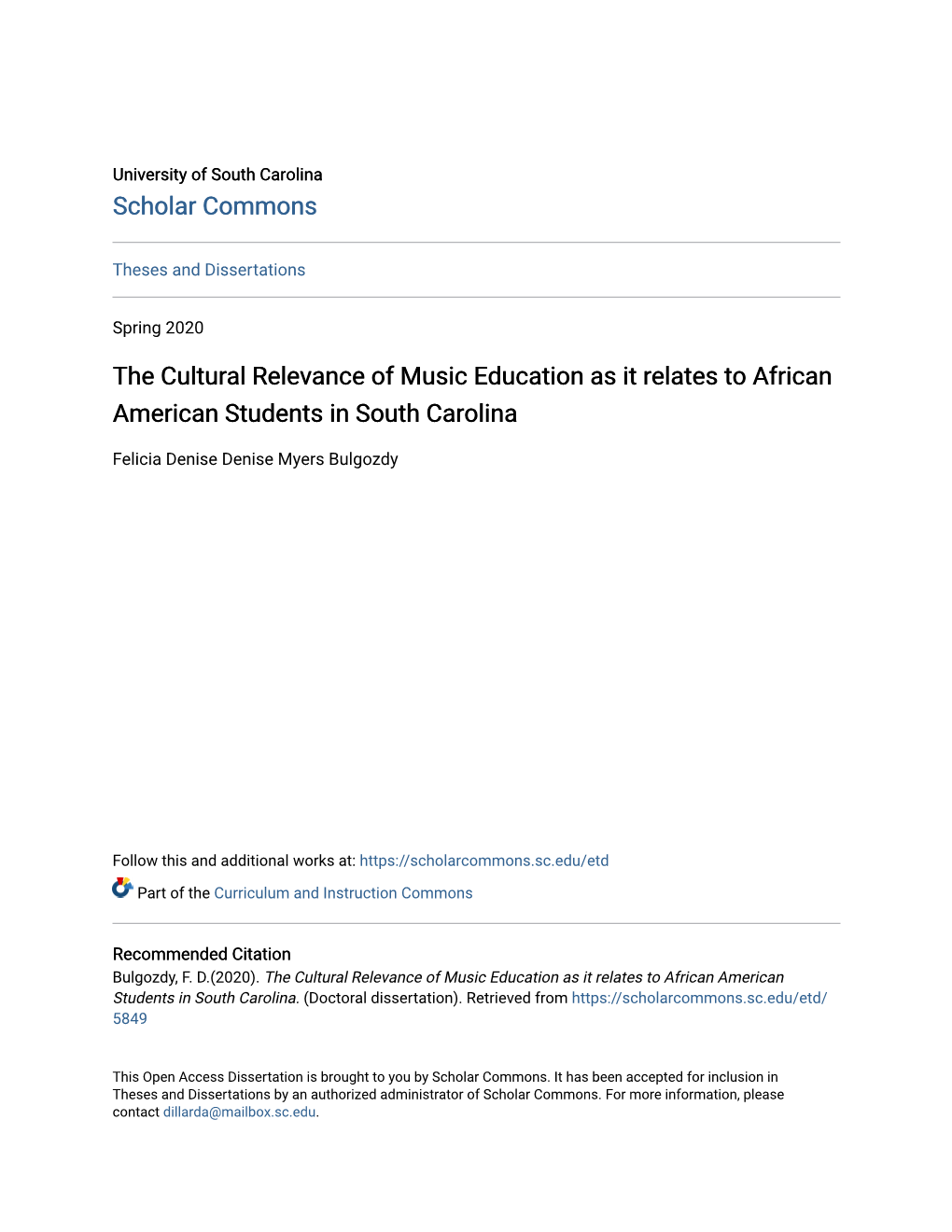 The Cultural Relevance of Music Education As It Relates to African American Students in South Carolina