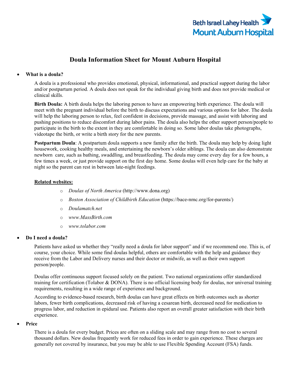 Doula Information Sheet for Mount Auburn Hospital