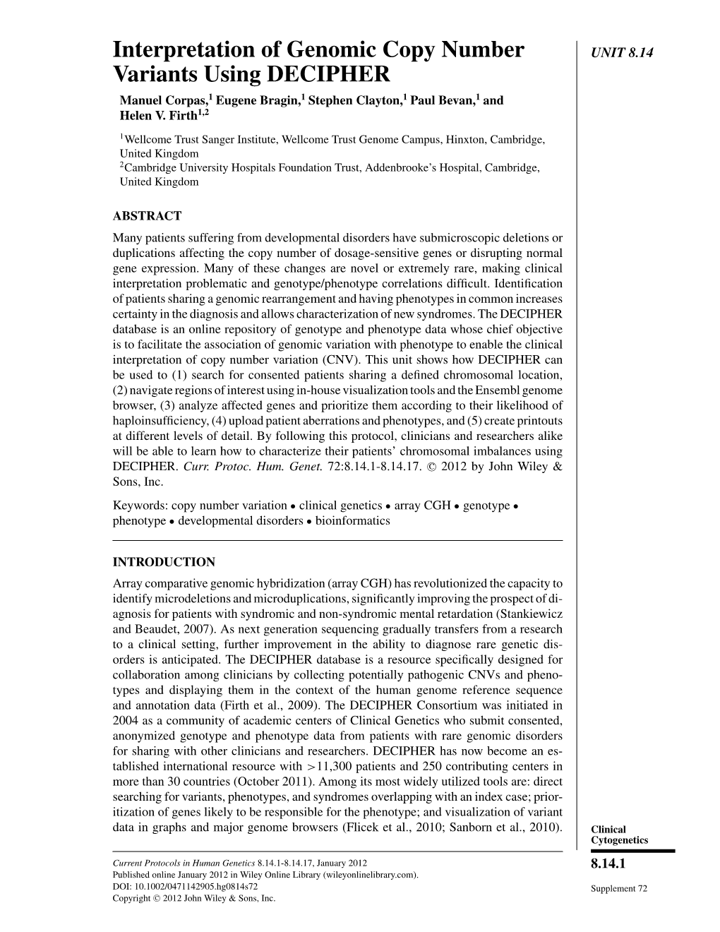 "Interpretation of Genomic Copy Number Variants Using DECIPHER"