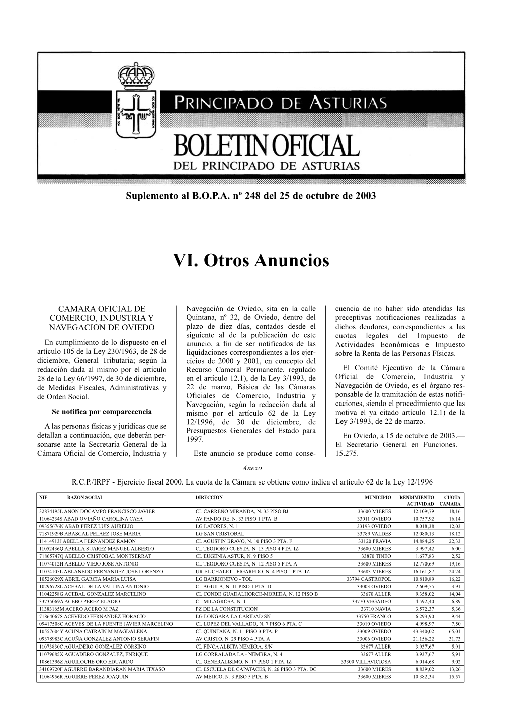 VI. Otros Anuncios