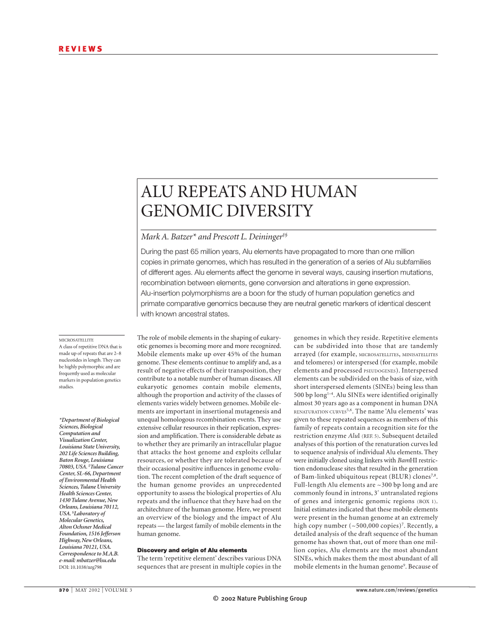 Alu Repeats and Human Genomic Diversity