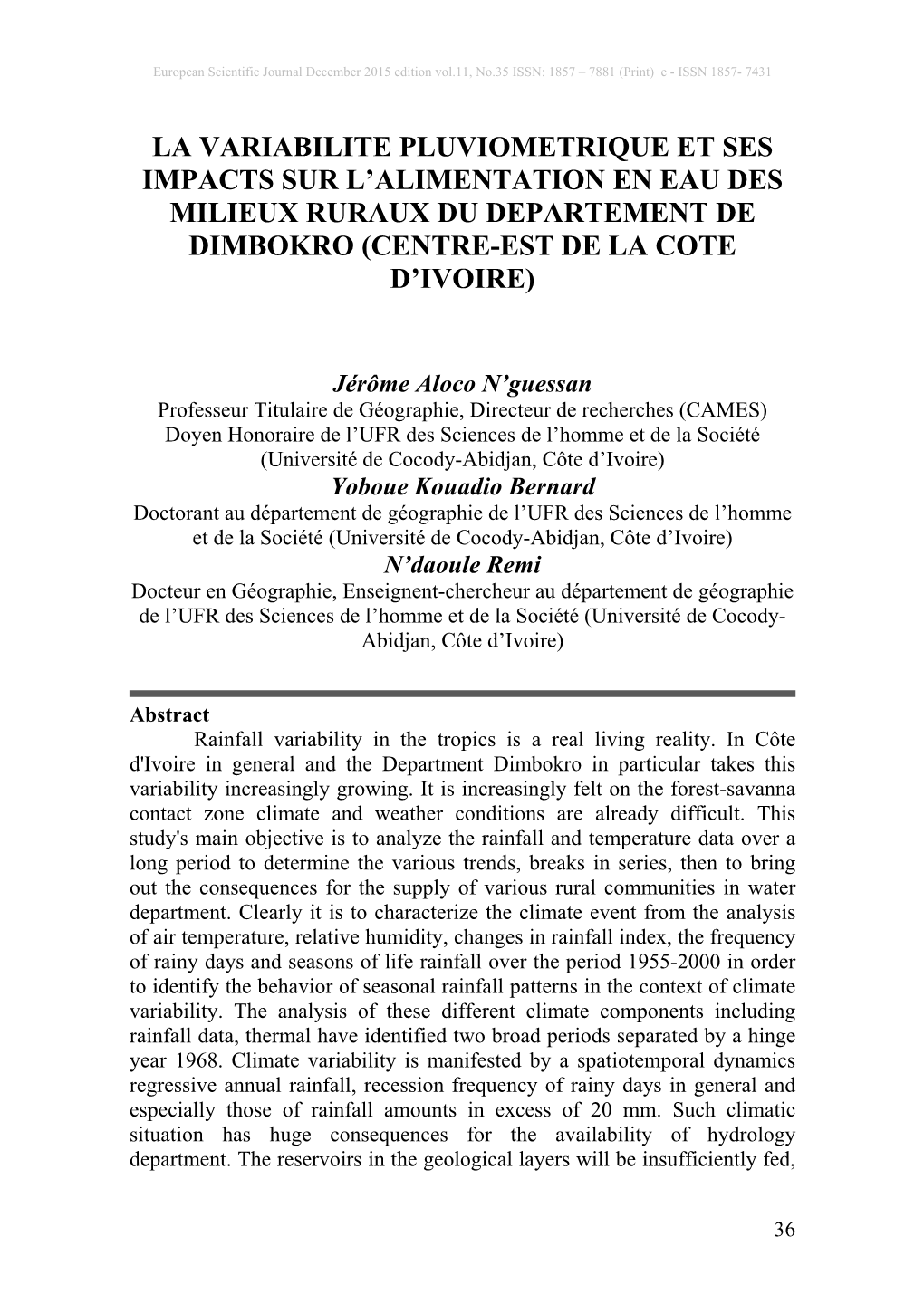 La Variabilite Pluviometrique Et Ses Impacts Sur L’Alimentation En Eau Des Milieux Ruraux Du Departement De Dimbokro (Centre-Est De La Cote D’Ivoire)