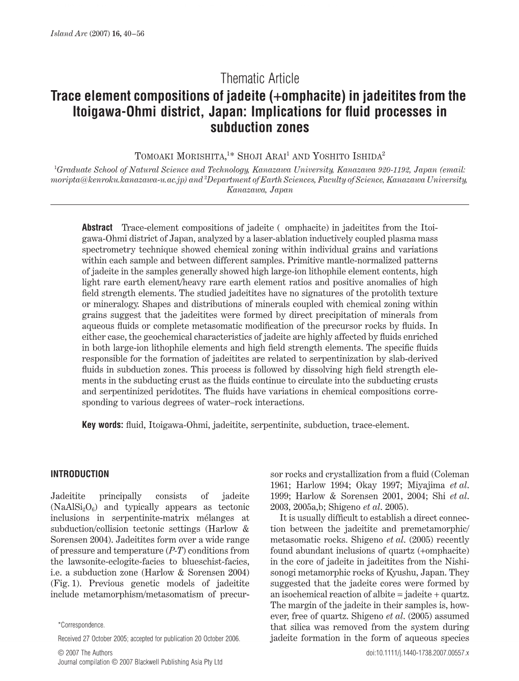 Trace Element Compositions of Jadeite (+Omphacite) in Jadeitites from the Itoigawa-Ohmi District, Japan: Implications for ﬂuid Processes in Subduction Zones