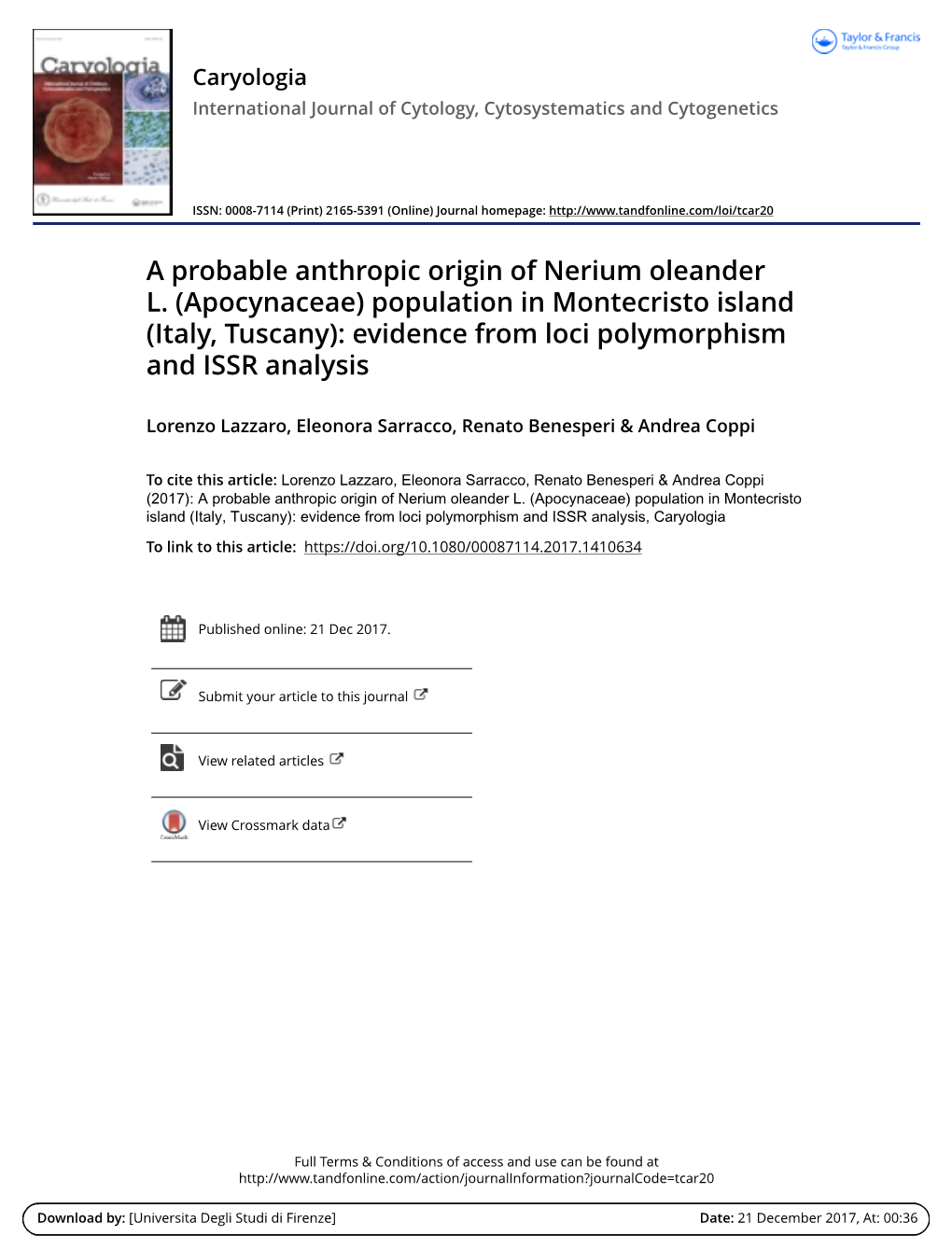 A Probable Anthropic Origin of Nerium Oleander L. (Apocynaceae) Population in Montecristo Island (Italy, Tuscany): Evidence from Loci Polymorphism and ISSR Analysis