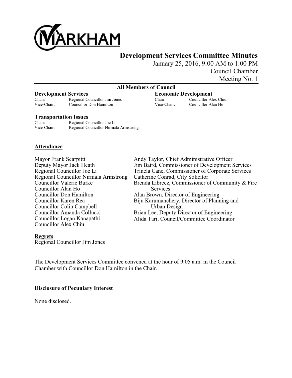 Development Services Committee Minutes January 25, 2016, 9:00 AM to 1:00 PM Council Chamber Meeting No