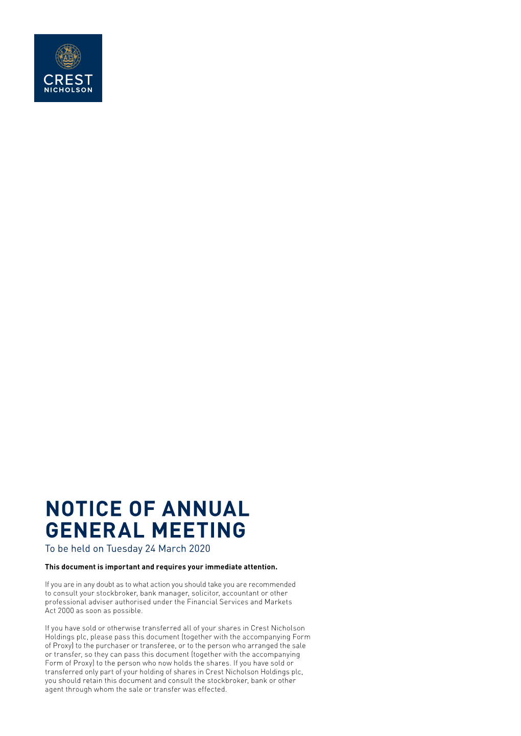 NOTICE of ANNUAL GENERAL MEETING to Be Held on Tuesday 24 March 2020