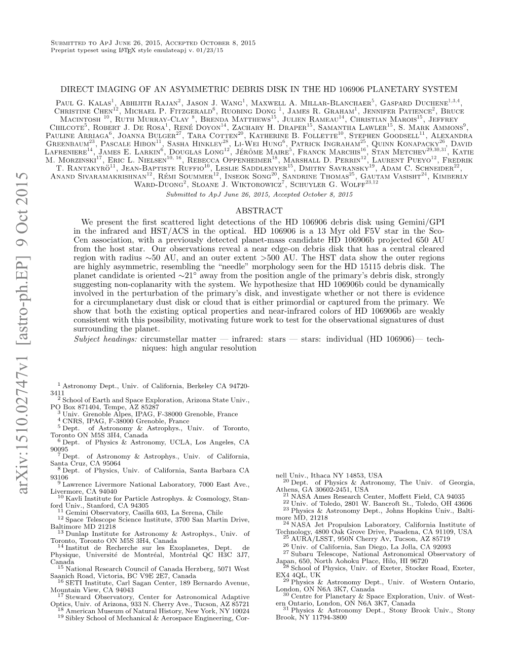 Arxiv:1510.02747V1 [Astro-Ph.EP] 9 Oct 2015 Livermore, CA 94040 21 10 Kavli Institute for Particle Astrophys