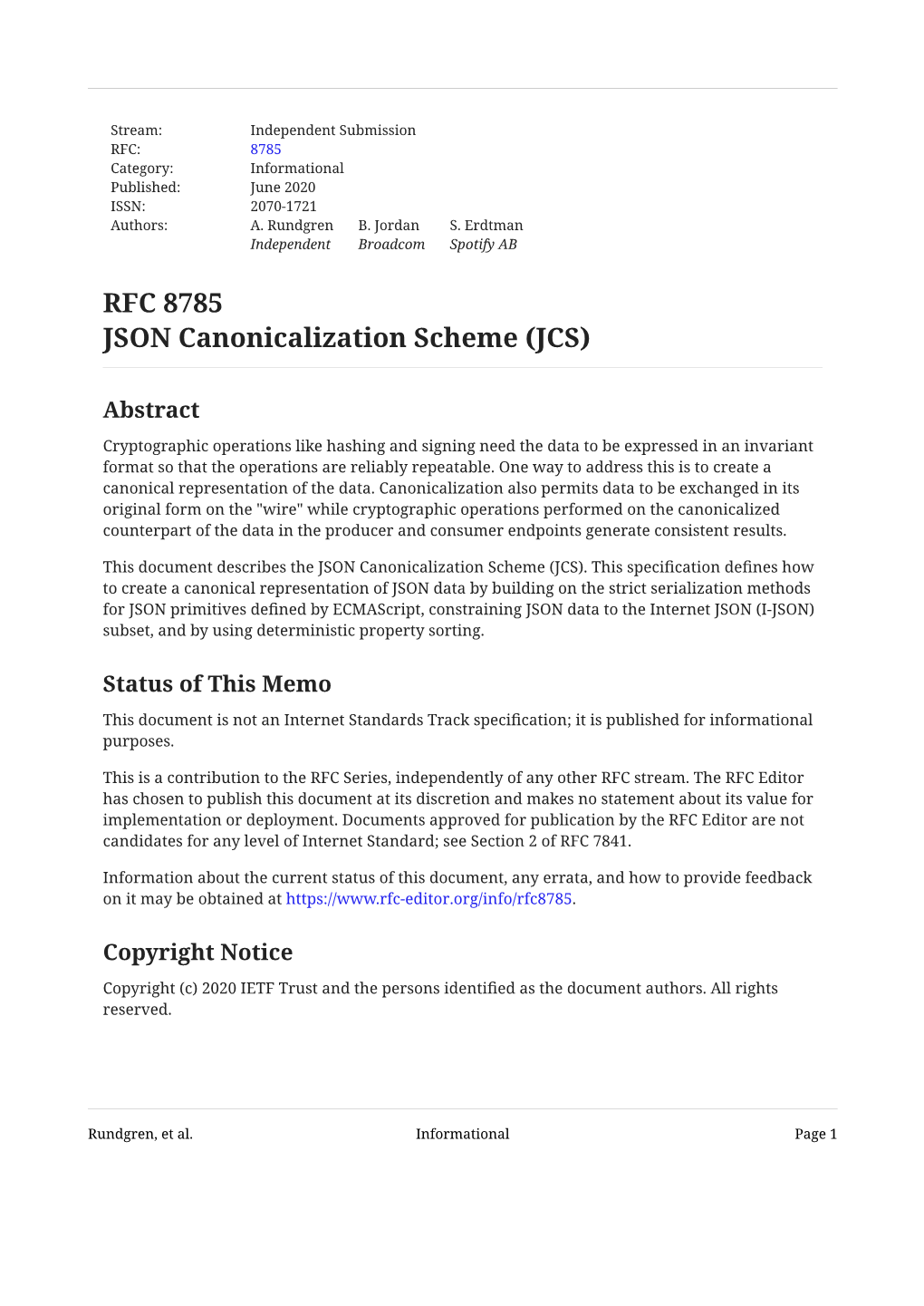 RFC 8785: JSON Canonicalization Scheme (JCS)