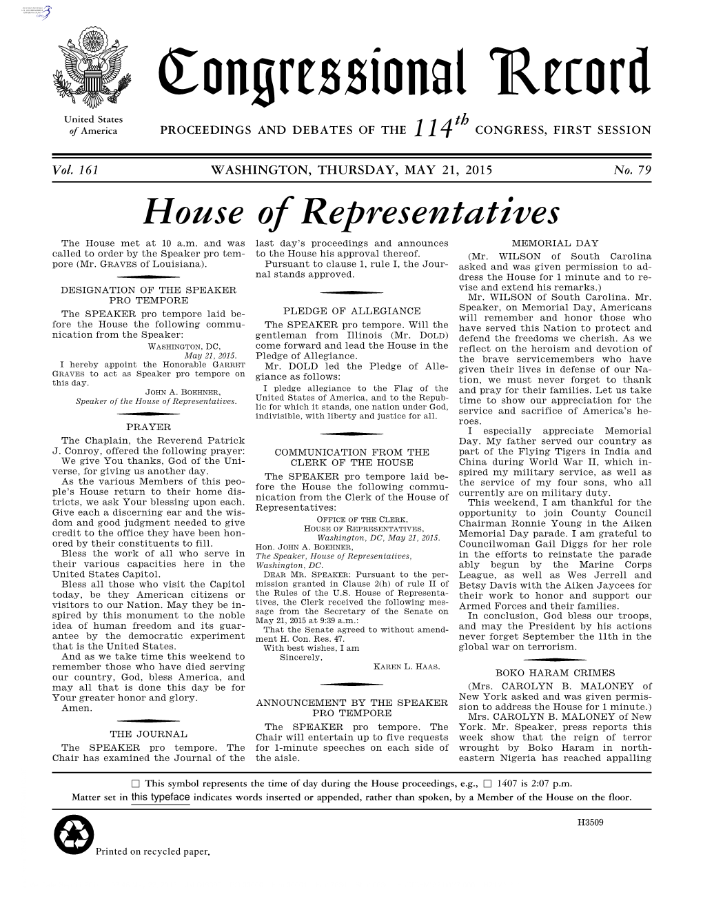 Congressional Record United States Th of America PROCEEDINGS and DEBATES of the 114 CONGRESS, FIRST SESSION