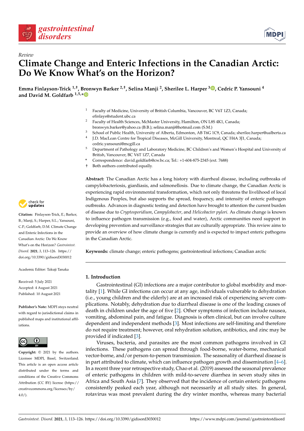 Climate Change and Enteric Infections in the Canadian Arctic: Do We Know What’S on the Horizon?