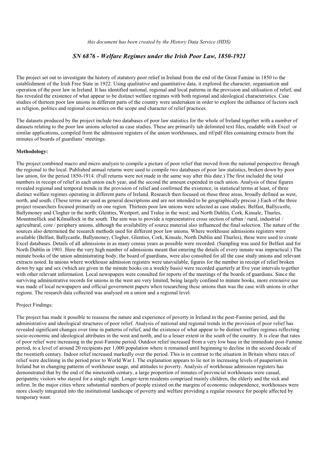 SN 6876 - Welfare Regimes Under the Irish Poor Law, 1850-1921