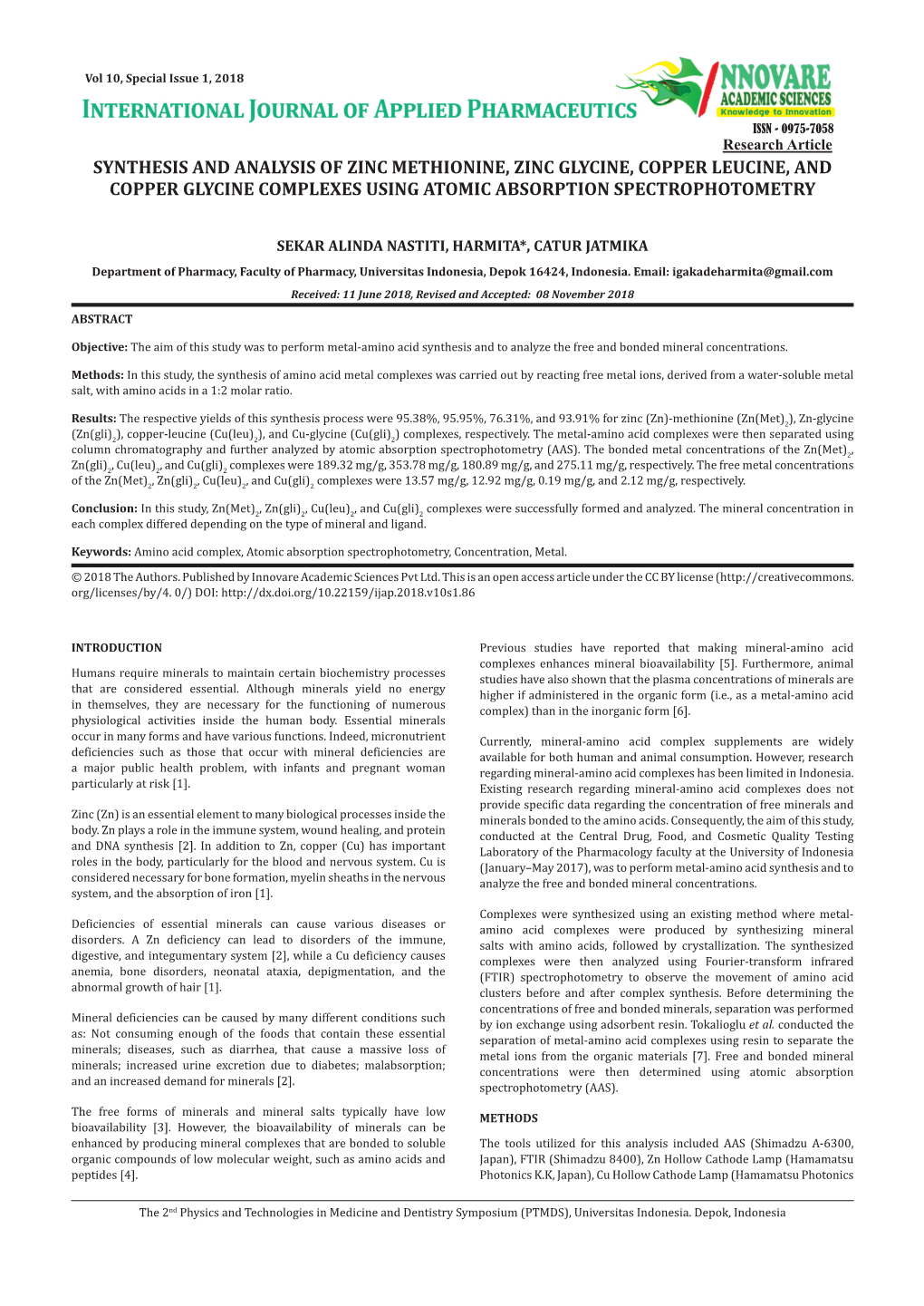 Synthesis and Analysis of Zinc Methionine, Zinc Glycine, Copper Leucine, and Copper Glycine Complexes Using Atomic Absorption Spectrophotometry