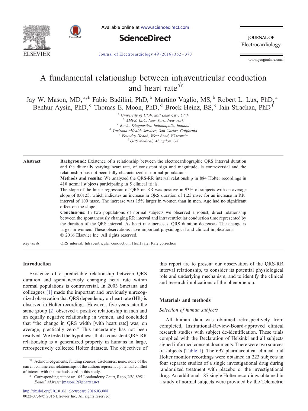 A Fundamental Relationship Between Intraventricular Conduction and Heart Rate☆ ⁎ Jay W