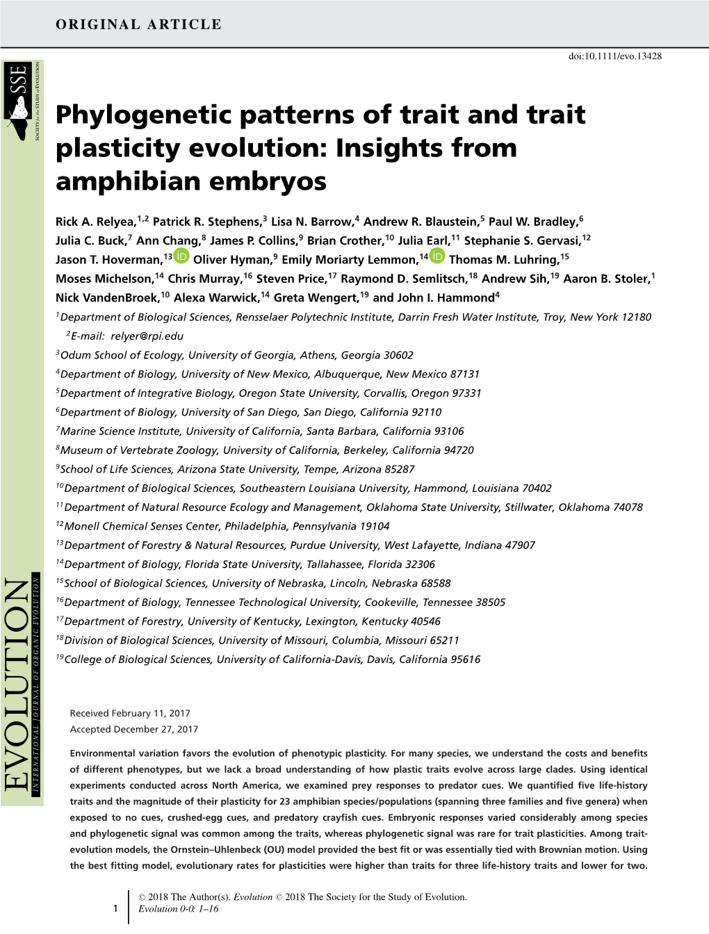 Phylogenetic Patterns of Trait and Trait Plasticity Evolution: Insights from Amphibian Embryos