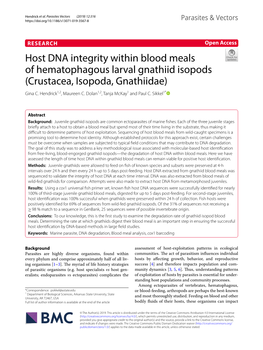 Host DNA Integrity Within Blood Meals of Hematophagous Larval Gnathiid Isopods (Crustacea, Isopoda, Gnathiidae) Gina C