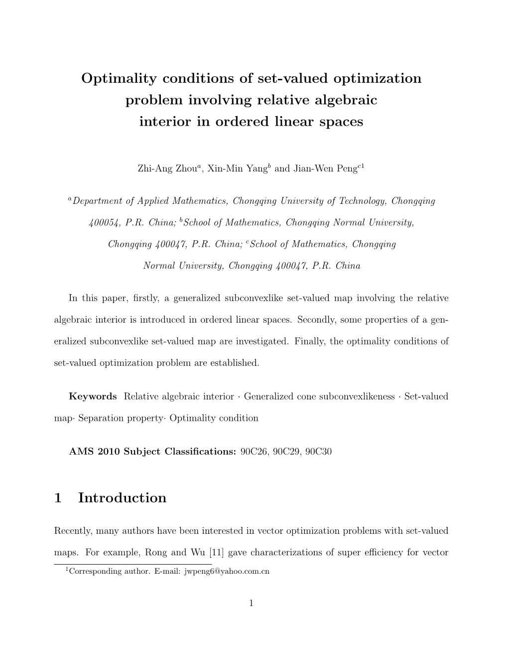 Optimality Conditions of Set-Valued Optimization Problem Involving Relative Algebraic Interior in Ordered Linear Spaces