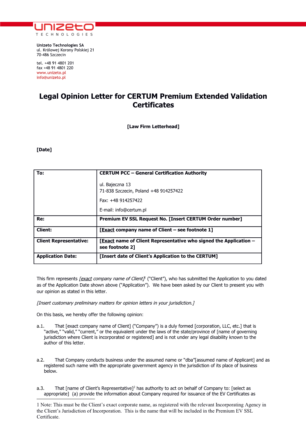 Legal Opinion Letter for CERTUM Premium Extended Validation Certificates