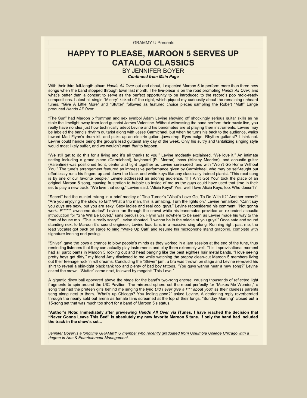 GRAMMY U Presents HAPPY to PLEASE, MAROON 5 SERVES up CATALOG CLASSICS by JENNIFER BOYER Continued from Main Page