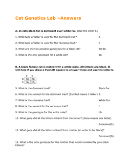 Cat Genetics Lab –Answers