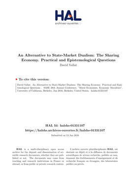 An Alternative to State-Market Dualism: the Sharing Economy. Practical and Epistemological Questions David Vallat