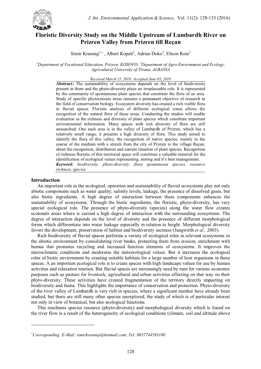 Floristic Diversity Study on the Middle Upstream of Lumbardh River on Prizren Valley from Prizren Till Reçan