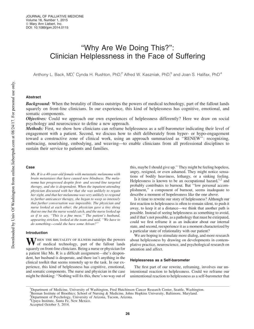 “Why Are We Doing This?”: Clinician Helplessness in the Face of Suffering