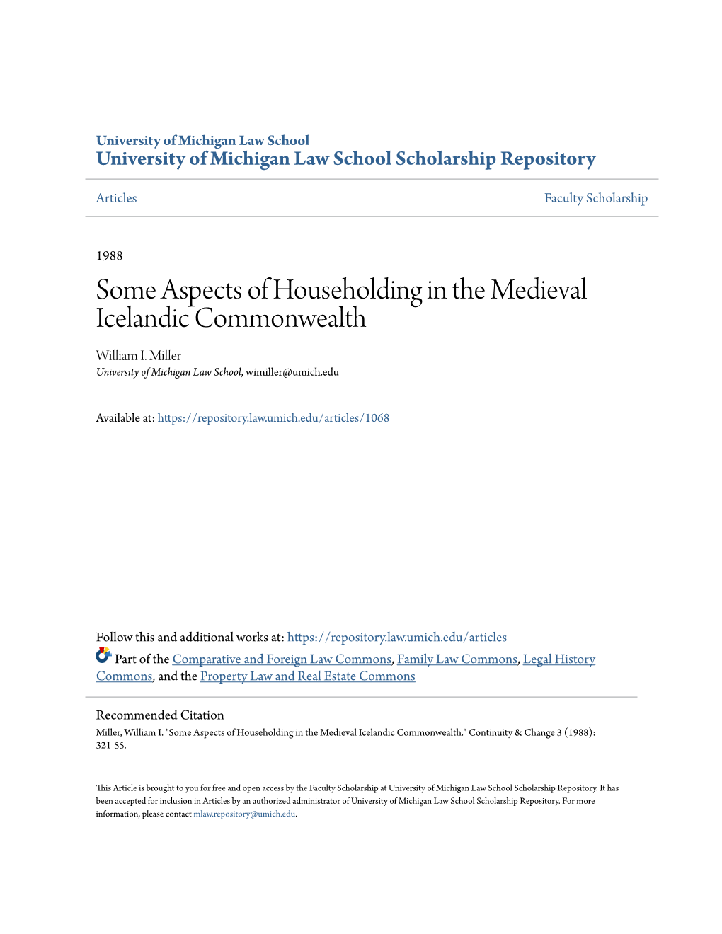 Some Aspects of Householding in the Medieval Icelandic Commonwealth William I
