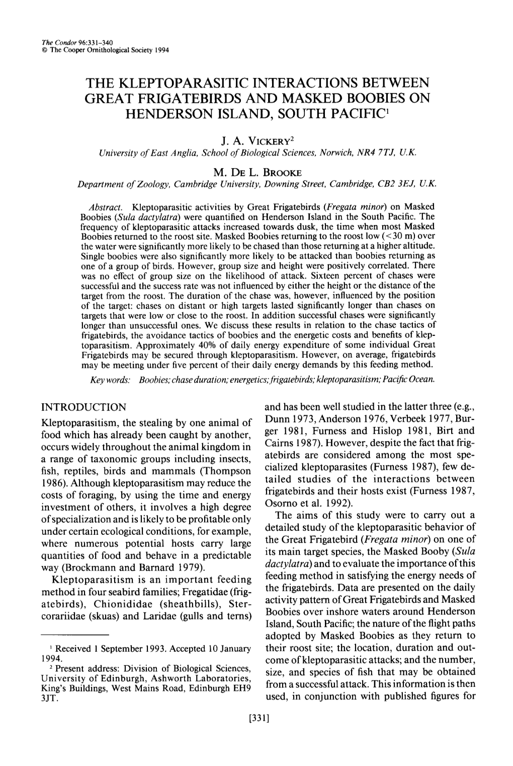 The Kleotoparasitic Interactions Between Great Frigatebirds And