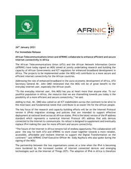 Press Release, African Telecommunication Union and AFRINIC Collaborate to Enhance Efficient and Secure Internet Connectivity In