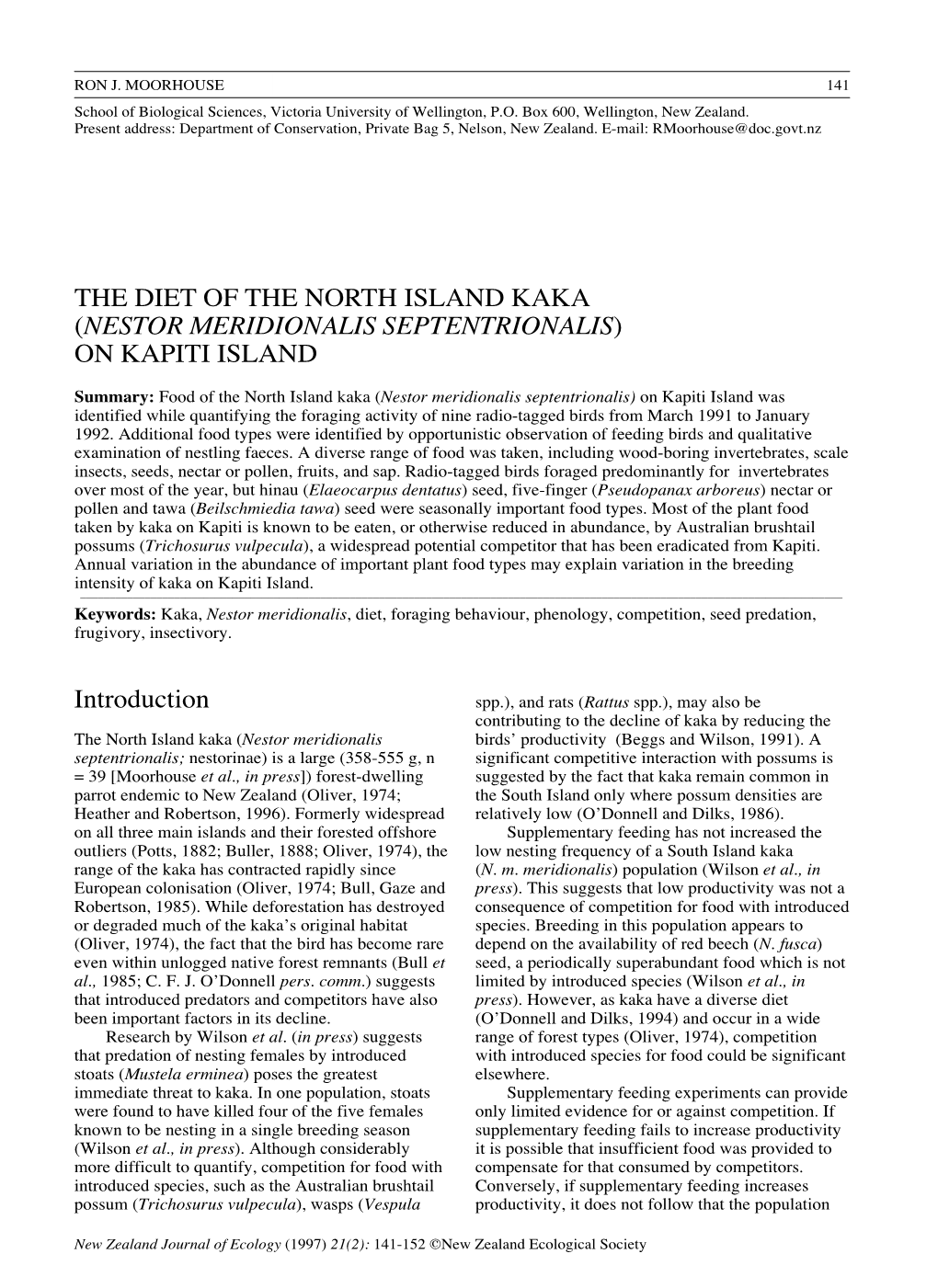 Diet of the North Island Kaka (Nestor Meridionalis Septentrionalis) on Kapiti Island