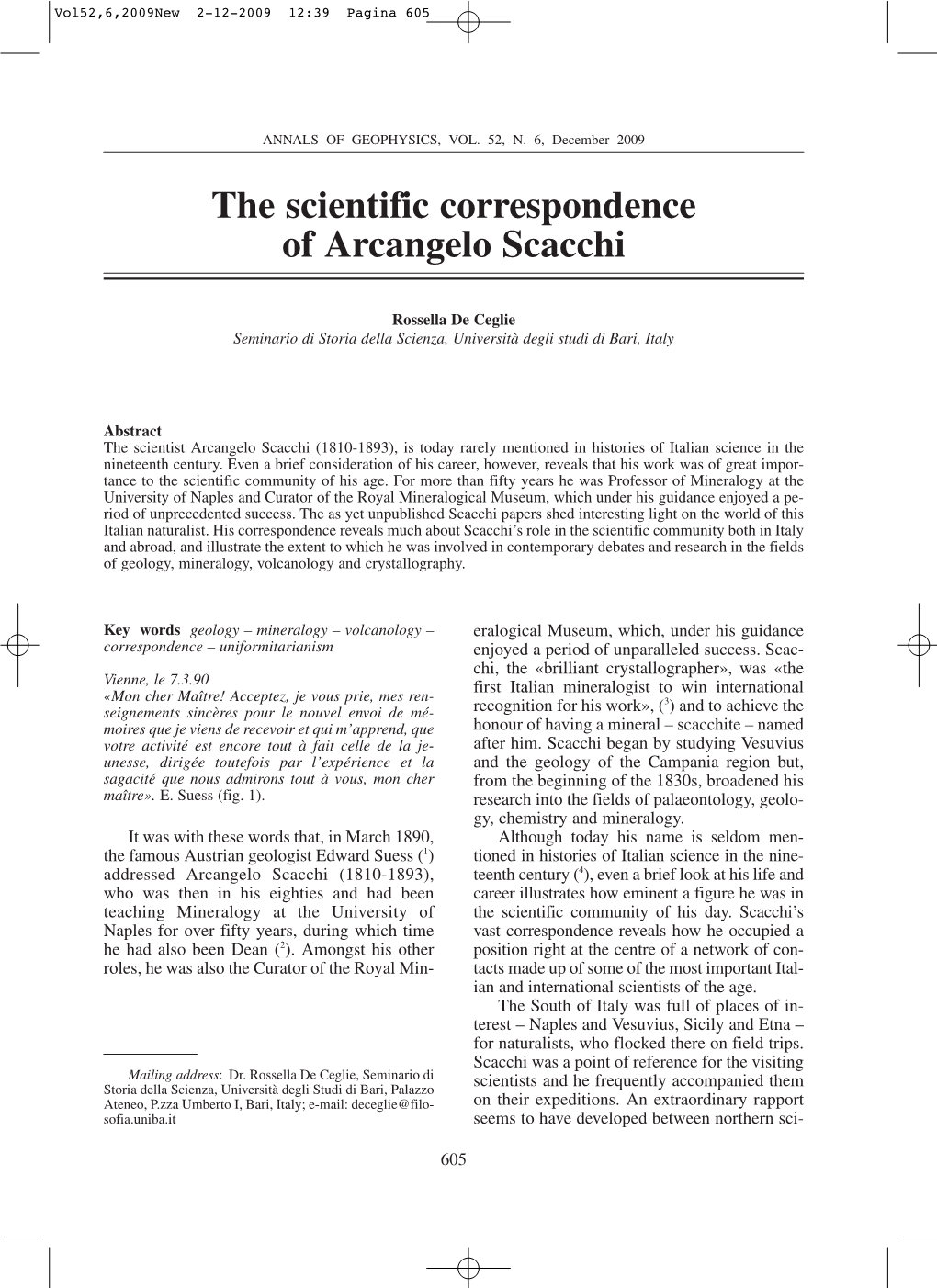The Scientific Correspondence of Arcangelo Scacchi