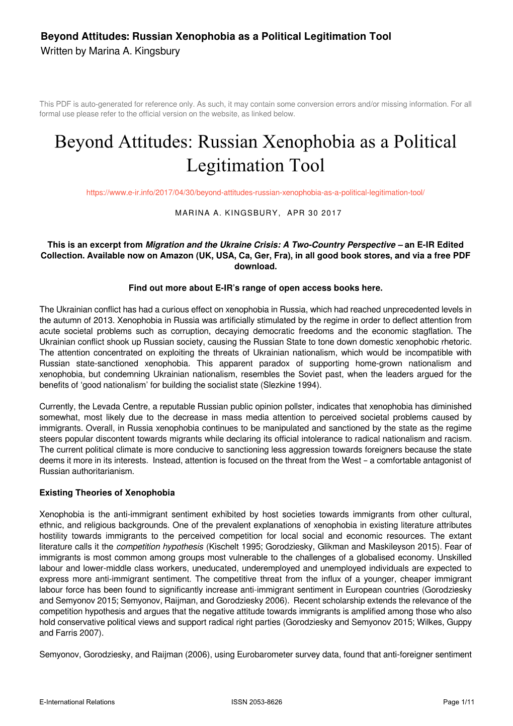 Russian Xenophobia As a Political Legitimation Tool Written by Marina A