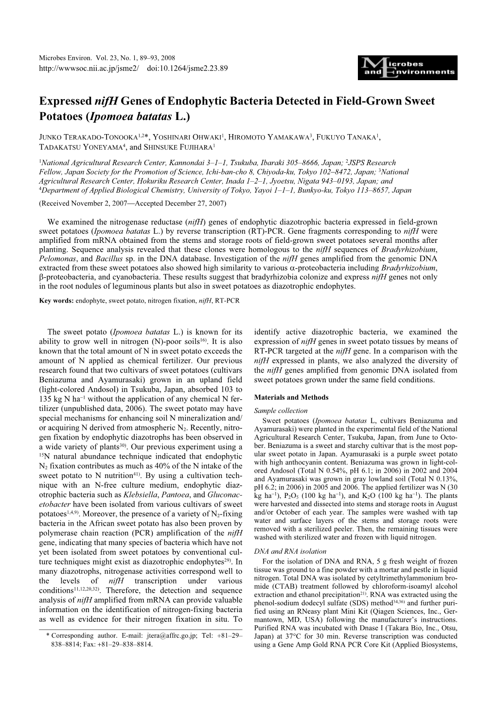 Expressed Nifh Genes of Endophytic Bacteria Detected in Field-Grown Sweet Potatoes (Ipomoea Batatas L.)