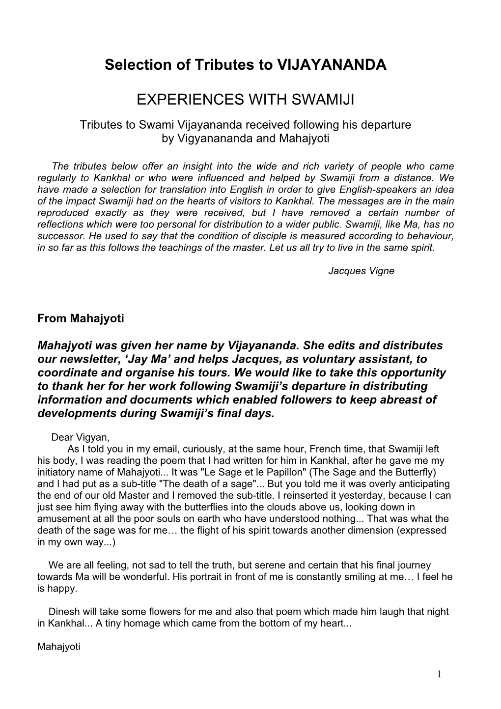 Tributes to Swami Vijayananda Received Following His Departure by Vigyanananda and Mahajyoti