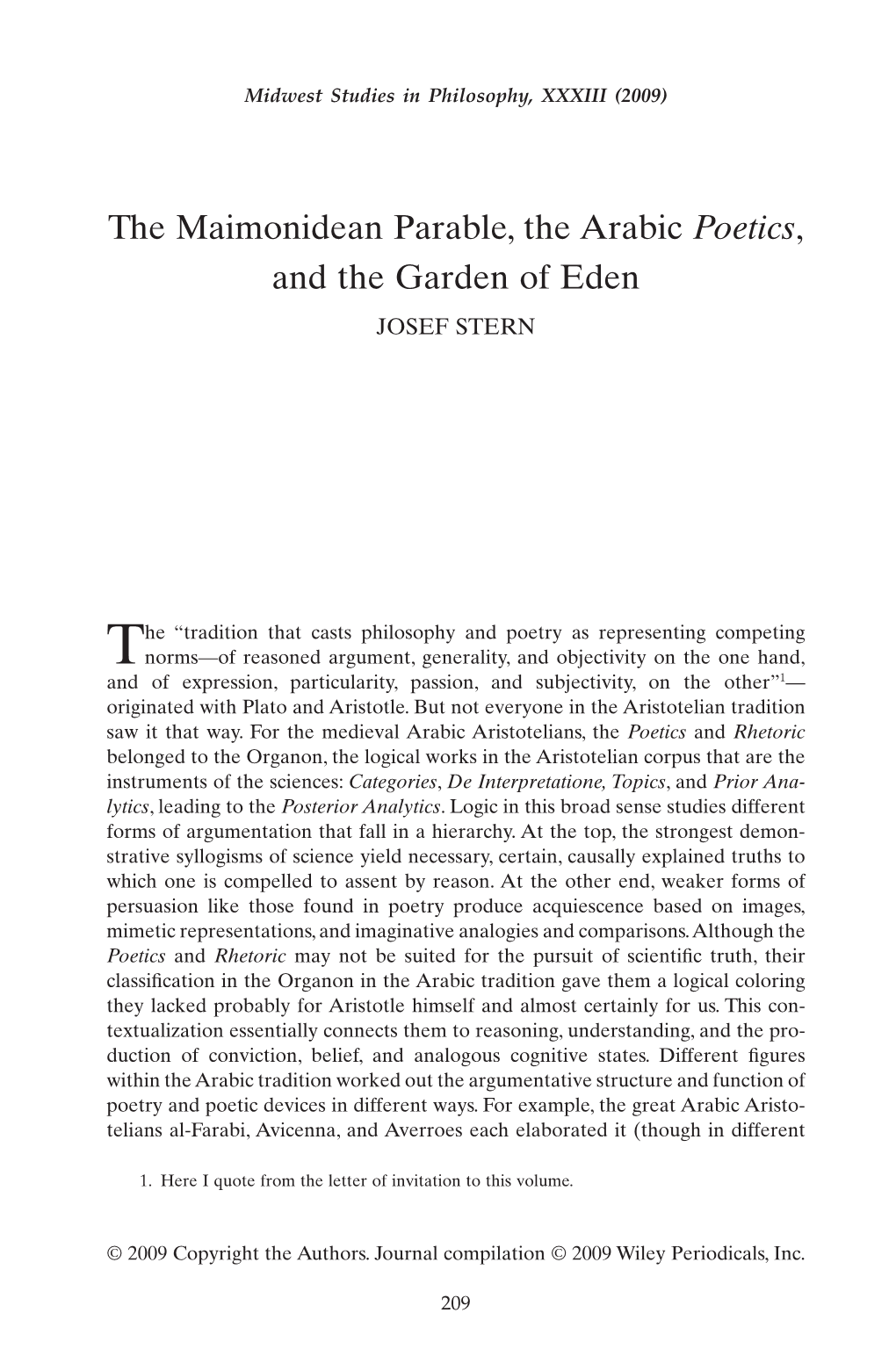 The Maimonidean Parable, the Arabic Poetics, and the Garden of Eden JOSEF STERN