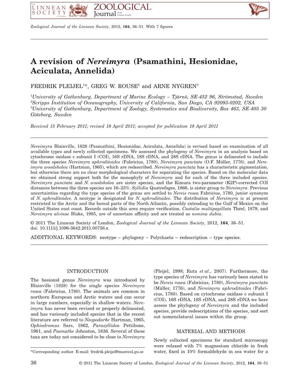 A Revision of Nereimyra (Psamathini, Hesionidae, Aciculata, Annelida)